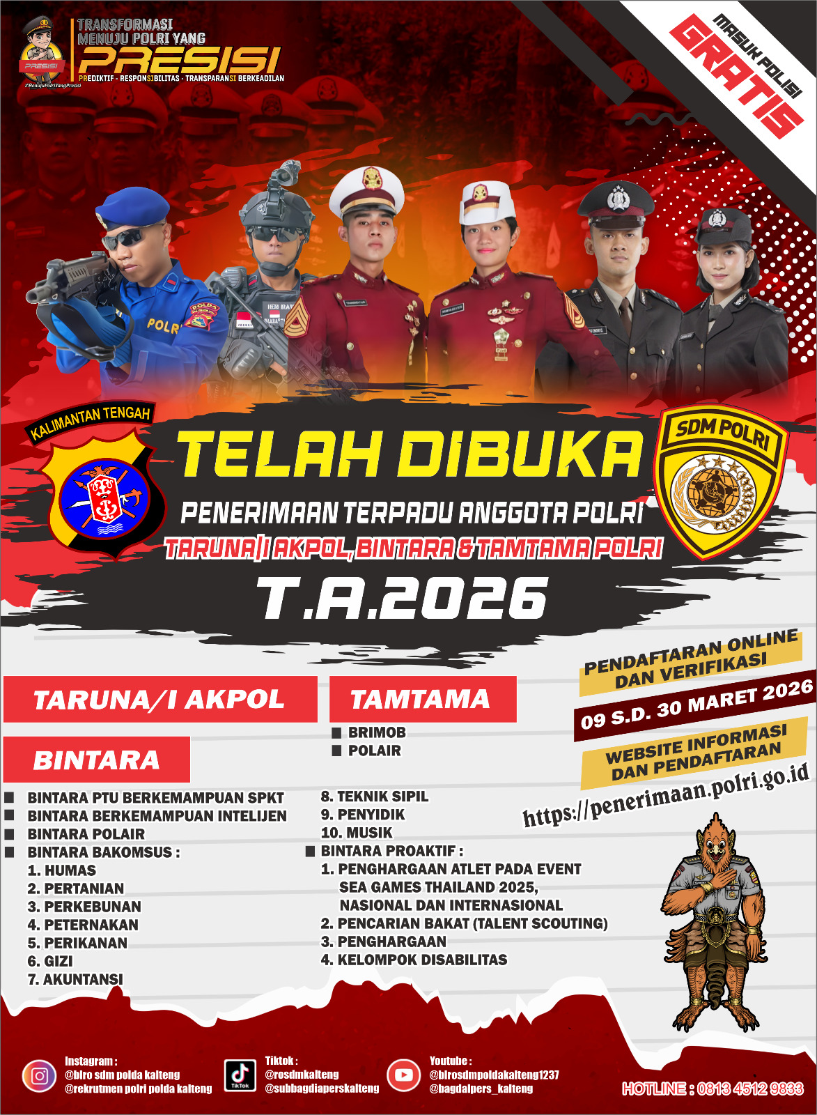 Polda Kalteng Buka Pendaftaran Rekruitmen Polri Tahun 2026 Jalur Akpol, Bintara dan Tamtama Gratis