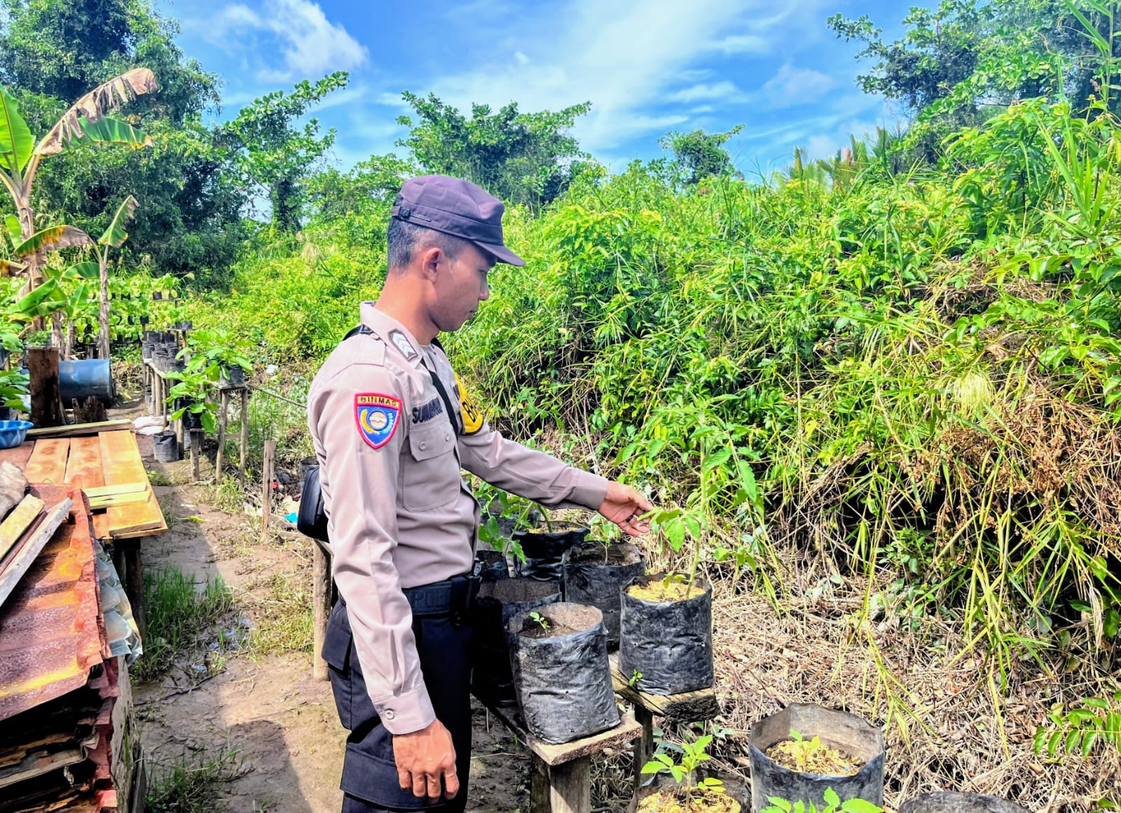 Bhabinkamtibmas Melakukan Pengecekan Lokasi Pemanfaatan Lahan Pekarangan Warga
