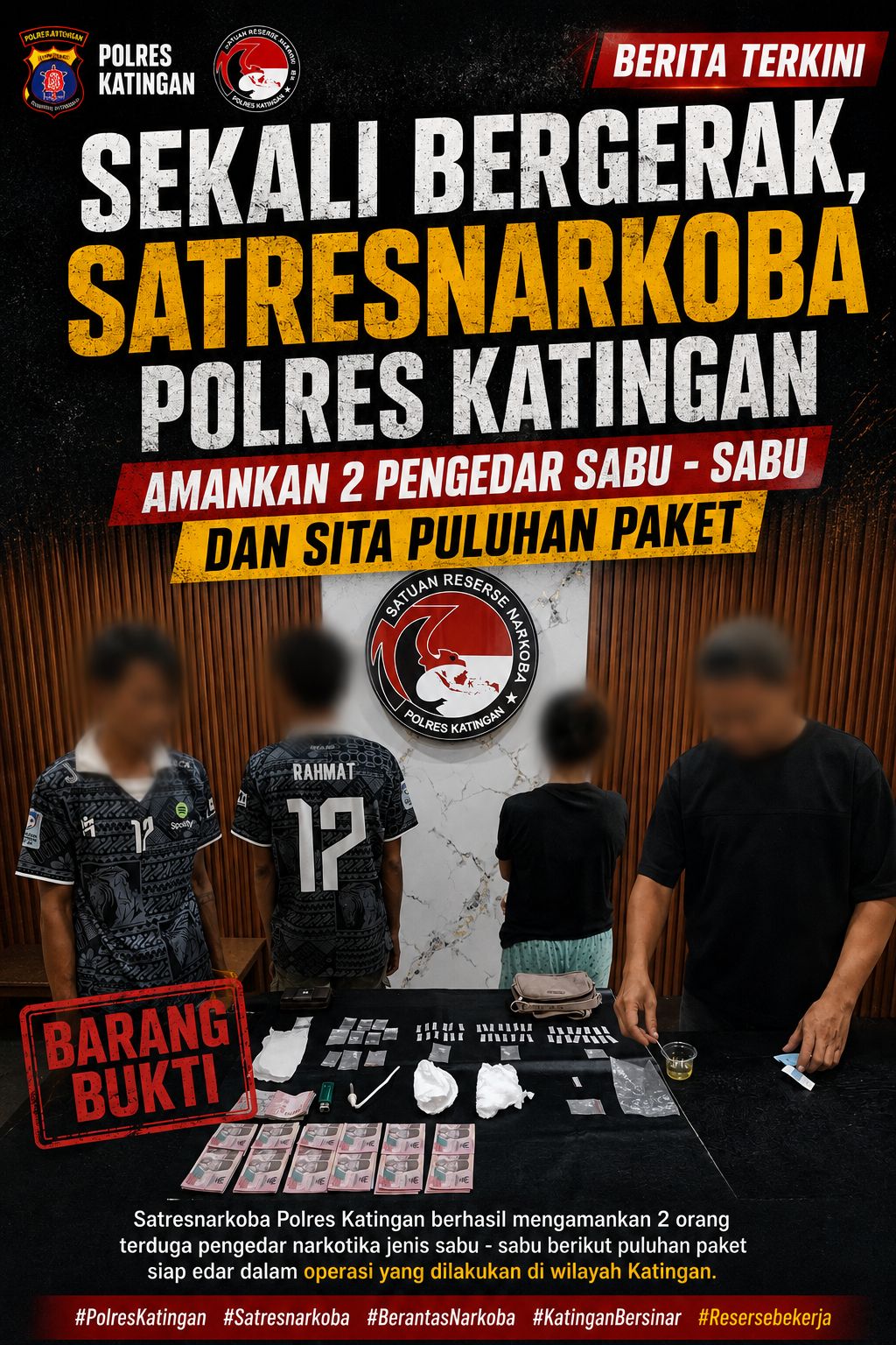 Sekali Bergerak, Satresnarkoba Polres Katingan Ringkus 2 Pelaku dan Sita Puluhan Paket Sabu – Sabu